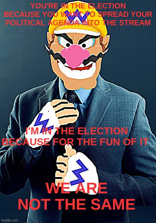 Vote for da wario in the election | YOU'RE IN THE ELECTION BECAUSE YOU WANT TO SPREAD YOUR POLITICAL AGENDA INTO THE STREAM; I'M IN THE ELECTION BECAUSE FOR THE FUN OF IT; WE ARE NOT THE SAME | image tagged in gus fring we are not the same | made w/ Imgflip meme maker
