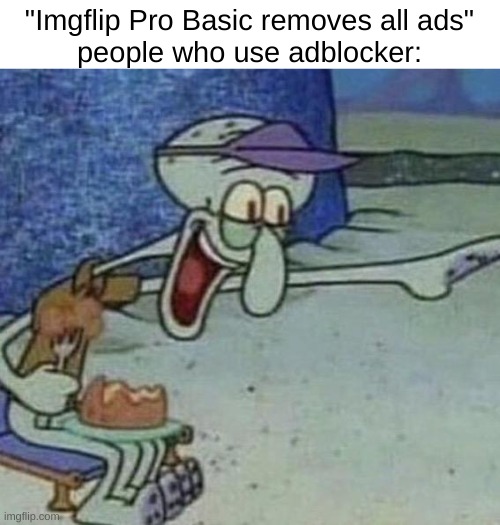 Squidward Point and Laugh | "Imgflip Pro Basic removes all ads"
people who use adblocker: | image tagged in squidward point and laugh | made w/ Imgflip meme maker