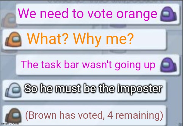 Orange is acting suspicious | We need to vote orange What? Why me? The task bar wasn't going up So he must be the imposter (Brown has voted, 4 remaining) | image tagged in among us chat,among us,memes,funny | made w/ Imgflip meme maker