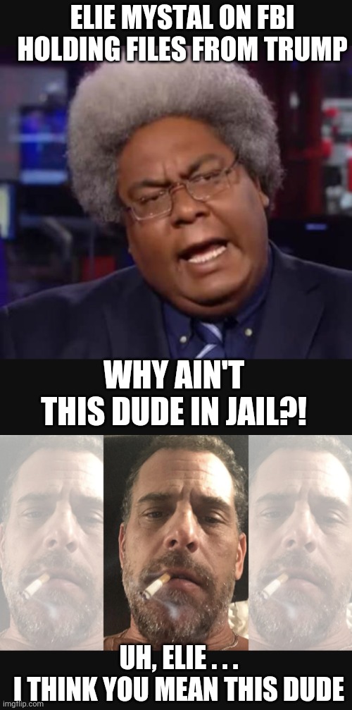 Hunter Needs Jail Time | ELIE MYSTAL ON FBI HOLDING FILES FROM TRUMP; WHY AIN'T THIS DUDE IN JAIL?! UH, ELIE . . .
I THINK YOU MEAN THIS DUDE | image tagged in liberals,leftist,msnbc,democrats,mar,joe | made w/ Imgflip meme maker