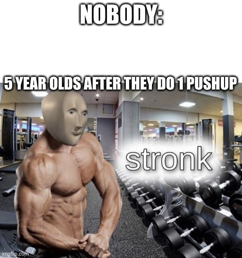 they're still weak though | NOBODY:; 5 YEAR OLDS AFTER THEY DO 1 PUSHUP | image tagged in blank white template,meme man stronk,kindergarten,pushups | made w/ Imgflip meme maker