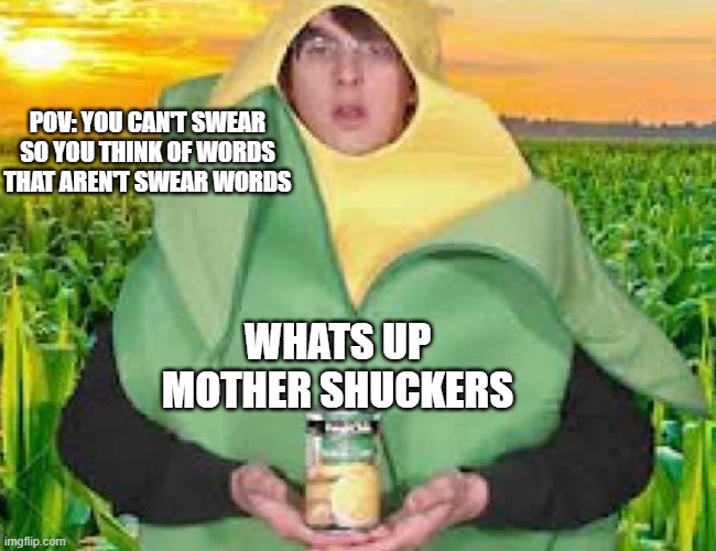 Corn | POV: YOU CAN'T SWEAR SO YOU THINK OF WORDS THAT AREN'T SWEAR WORDS; WHATS UP MOTHER SHUCKERS | image tagged in corn | made w/ Imgflip meme maker