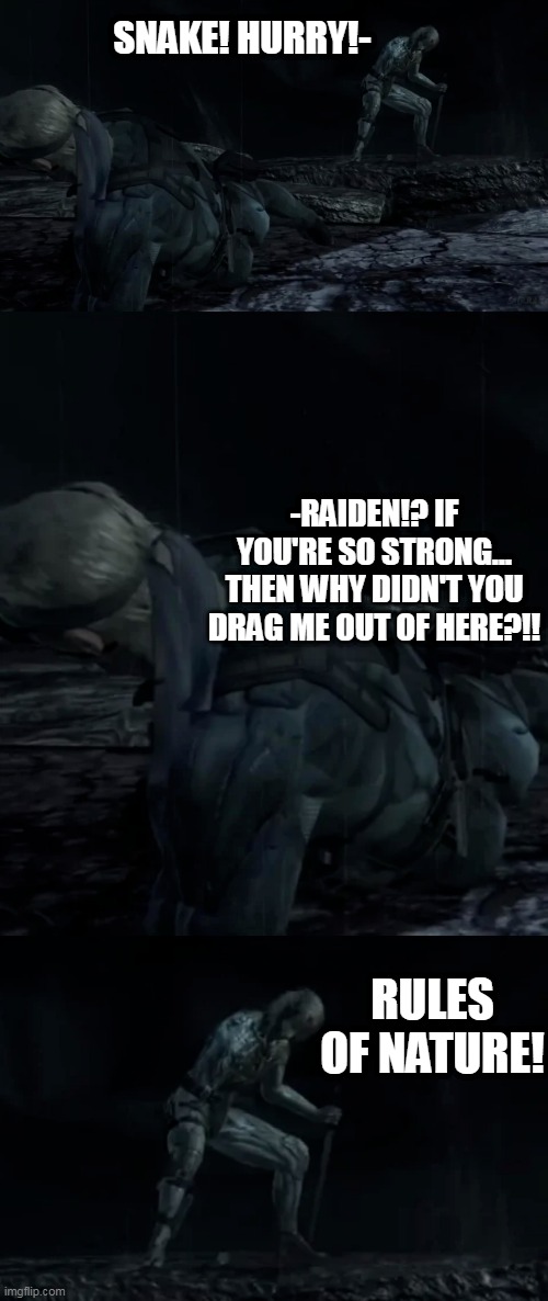 Who cares? It looks great! | SNAKE! HURRY!-; -RAIDEN!? IF YOU'RE SO STRONG... THEN WHY DIDN'T YOU DRAG ME OUT OF HERE?!! RULES OF NATURE! | image tagged in metal gear solid,solid snake,raiden | made w/ Imgflip meme maker