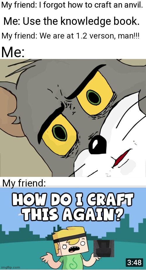 That was abusable |  My friend: I forgot how to craft an anvil. Me: Use the knowledge book. My friend: We are at 1.2 verson, man!!! Me:; My friend: | image tagged in memes,unsettled tom | made w/ Imgflip meme maker