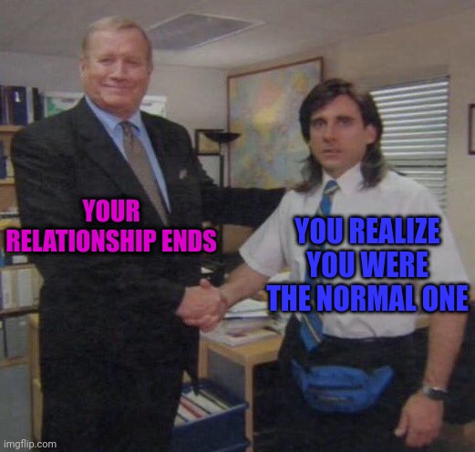 the office congratulations | YOUR RELATIONSHIP ENDS; YOU REALIZE YOU WERE THE NORMAL ONE | image tagged in the office congratulations | made w/ Imgflip meme maker