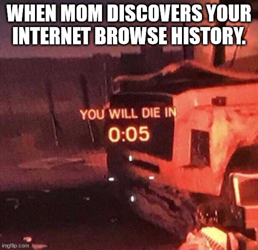 You will die in 0:05 |  WHEN MOM DISCOVERS YOUR INTERNET BROWSE HISTORY. | image tagged in you will die in 0 05 | made w/ Imgflip meme maker