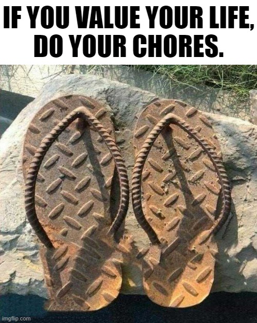 Lvl. 20 Mama be like: | IF YOU VALUE YOUR LIFE,
DO YOUR CHORES. | image tagged in memes,funny,sandals,r u n,level expert,mama | made w/ Imgflip meme maker