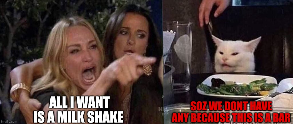 I want a milk shake | SOZ WE DONT HAVE ANY BECAUSE THIS IS A BAR; ALL I WANT IS A MILK SHAKE | image tagged in woman yelling at cat | made w/ Imgflip meme maker