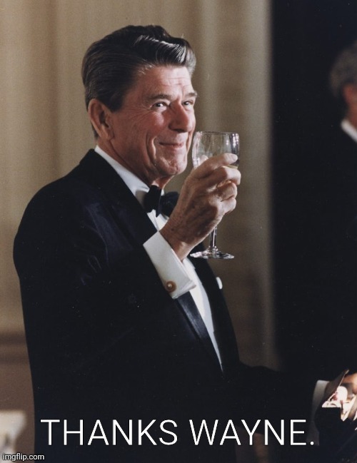 Ronald Reagan Cheers | THANKS WAYNE. | image tagged in ronald reagan cheers | made w/ Imgflip meme maker