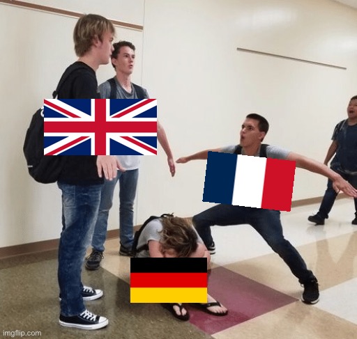 Weimar Republic be like: | image tagged in guys t posing over crying girl,united kingdom,france,weimar republic | made w/ Imgflip meme maker