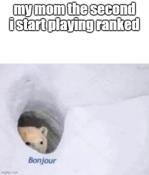 looks like im at level zero | my mom the second i start playing ranked | image tagged in bonjour | made w/ Imgflip meme maker