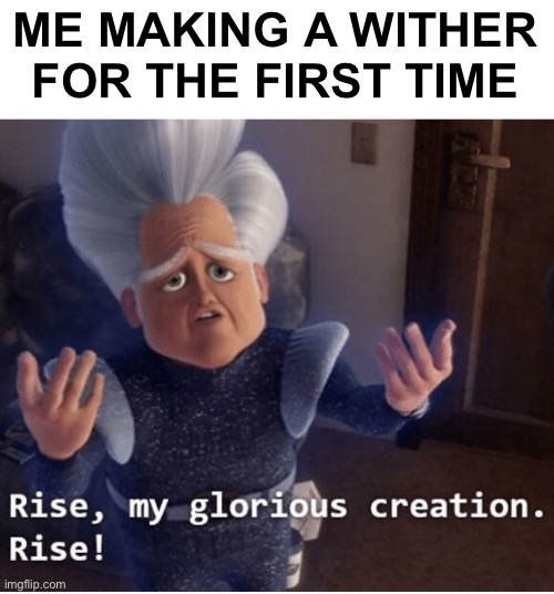 Rise my glorious creation | ME MAKING A WITHER FOR THE FIRST TIME | image tagged in rise my glorious creation,minecraft,wither | made w/ Imgflip meme maker