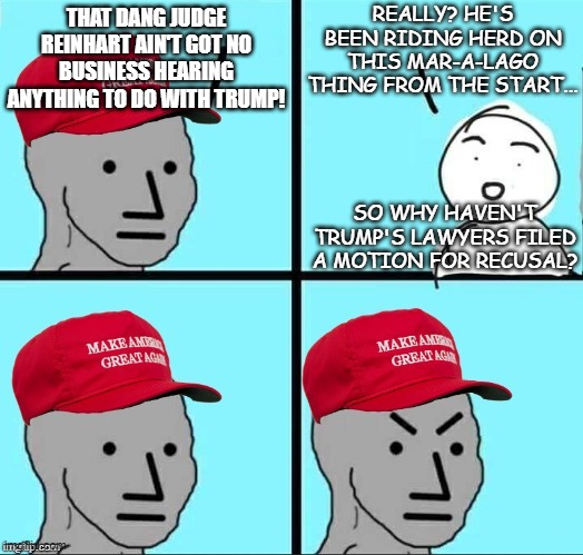 MAGA NPC (AN AN0NYM0US TEMPLATE) | REALLY? HE'S BEEN RIDING HERD ON THIS MAR-A-LAGO THING FROM THE START... THAT DANG JUDGE REINHART AIN'T GOT NO BUSINESS HEARING ANYTHING TO DO WITH TRUMP! SO WHY HAVEN'T TRUMP'S LAWYERS FILED A MOTION FOR RECUSAL? | image tagged in maga npc an an0nym0us template | made w/ Imgflip meme maker