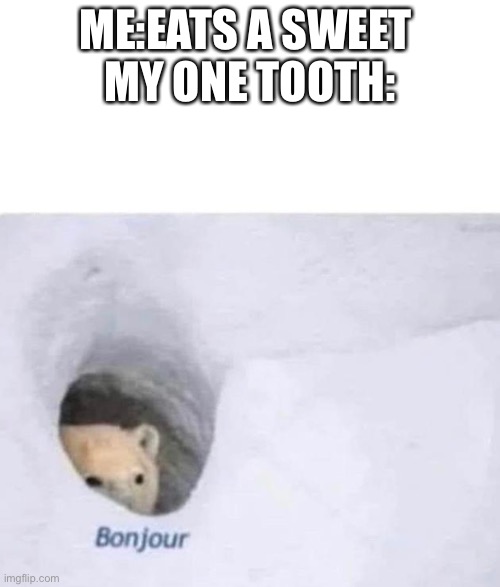 Really | ME:EATS A SWEET 
MY ONE TOOTH: | image tagged in bonjour | made w/ Imgflip meme maker