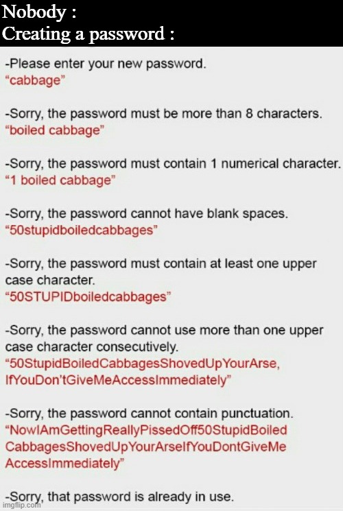 Rage | Nobody :
Creating a password : | image tagged in password,password strength,cabbage,memes,funny | made w/ Imgflip meme maker
