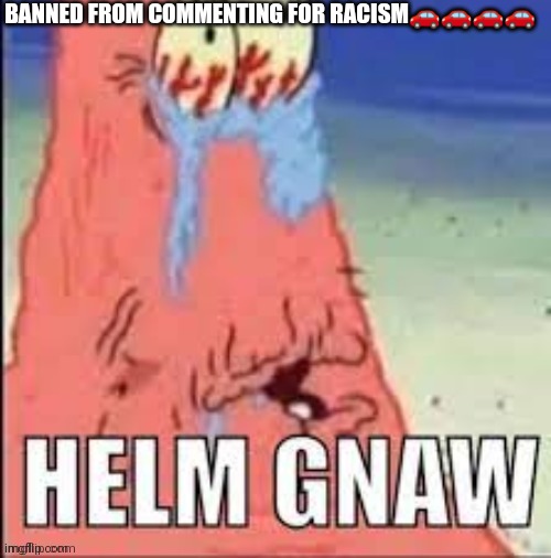 helm gnaw | BANNED FROM COMMENTING FOR RACISM🚗🚗🚗🚗 | image tagged in helm gnaw | made w/ Imgflip meme maker