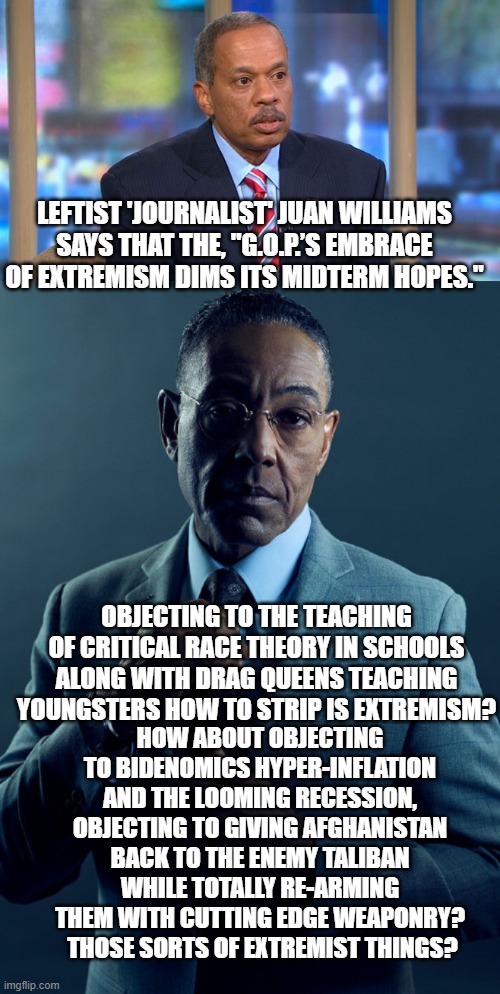 Essentially to leftists, traditional values and patriotism IS extremist.  Well . . . screw 'em. | LEFTIST 'JOURNALIST' JUAN WILLIAMS SAYS THAT THE, "G.O.P.’S EMBRACE OF EXTREMISM DIMS ITS MIDTERM HOPES."; OBJECTING TO THE TEACHING OF CRITICAL RACE THEORY IN SCHOOLS ALONG WITH DRAG QUEENS TEACHING YOUNGSTERS HOW TO STRIP IS EXTREMISM? HOW ABOUT OBJECTING TO BIDENOMICS HYPER-INFLATION AND THE LOOMING RECESSION, OBJECTING TO GIVING AFGHANISTAN BACK TO THE ENEMY TALIBAN WHILE TOTALLY RE-ARMING THEM WITH CUTTING EDGE WEAPONRY?  THOSE SORTS OF EXTREMIST THINGS? | image tagged in leftists | made w/ Imgflip meme maker