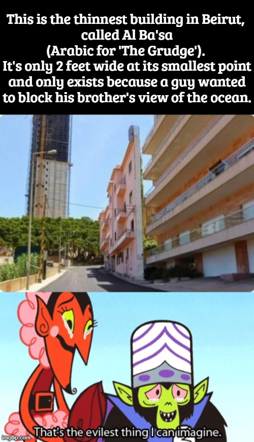 lol I later realized who_am_i made the same meme but if you check when I made it you will realize I made it 2 hours before him |  This is the thinnest building in Beirut, 
called Al Ba'sa (Arabic for 'The Grudge'). 
It's only 2 feet wide at its smallest point and only exists because a guy wanted to block his brother's view of the ocean. | image tagged in that's the evilest thing,siblings,beirut,grudge,ocean,evil | made w/ Imgflip meme maker