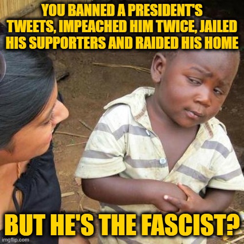 Third World Skeptical Kid | YOU BANNED A PRESIDENT'S TWEETS, IMPEACHED HIM TWICE, JAILED HIS SUPPORTERS AND RAIDED HIS HOME; BUT HE'S THE FASCIST? | image tagged in memes,third world skeptical kid | made w/ Imgflip meme maker