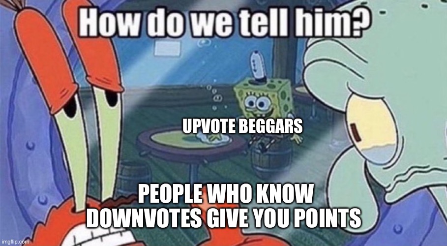 Meme | UPVOTE BEGGARS; PEOPLE WHO KNOW DOWNVOTES GIVE YOU POINTS | image tagged in who s gonna tell him,memes,upvote begging | made w/ Imgflip meme maker