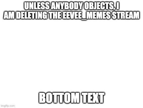 Blank White Template | UNLESS ANYBODY OBJECTS, I AM DELETING THE EEVEE_MEMES STREAM; BOTTOM TEXT | image tagged in blank white template | made w/ Imgflip meme maker