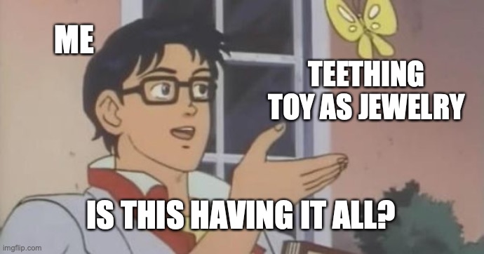 Is this having it all? | ME; TEETHING TOY AS JEWELRY; IS THIS HAVING IT ALL? | image tagged in is this a pigeon | made w/ Imgflip meme maker