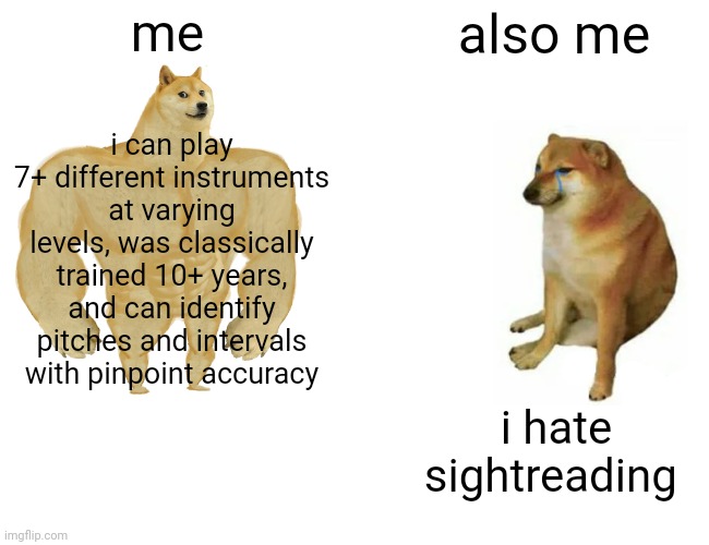 WHYYYY | me; also me; i can play 7+ different instruments at varying levels, was classically trained 10+ years, and can identify pitches and intervals with pinpoint accuracy; i hate sightreading | image tagged in memes,buff doge vs cheems | made w/ Imgflip meme maker