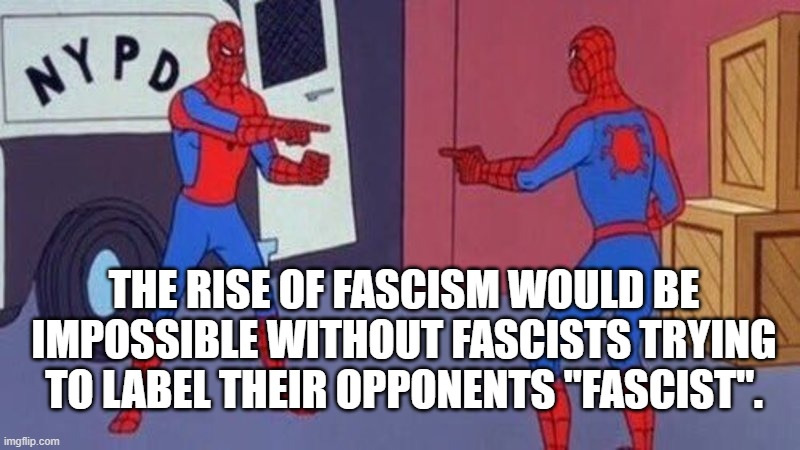 Fascists Vs Fascists |  THE RISE OF FASCISM WOULD BE IMPOSSIBLE WITHOUT FASCISTS TRYING TO LABEL THEIR OPPONENTS "FASCIST". | image tagged in spiderman pointing at spiderman,fascism,fascist,communist socialist,democrats,communism | made w/ Imgflip meme maker
