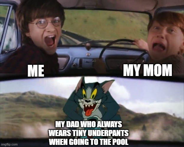 SRSLY WHY DO SOME MEN USE TINY SWIM UNDIES?! | MY MOM; ME; MY DAD WHO ALWAYS WEARS TINY UNDERPANTS WHEN GOING TO THE POOL | image tagged in tom chasing harry and ron weasly,parents,dads,pool | made w/ Imgflip meme maker