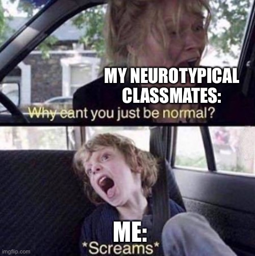 Why Can't You Just Be Normal | MY NEUROTYPICAL CLASSMATES:; ME: | image tagged in why can't you just be normal | made w/ Imgflip meme maker