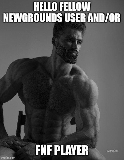 Giga Chad | HELLO FELLOW NEWGROUNDS USER AND/OR FNF PLAYER | image tagged in giga chad | made w/ Imgflip meme maker