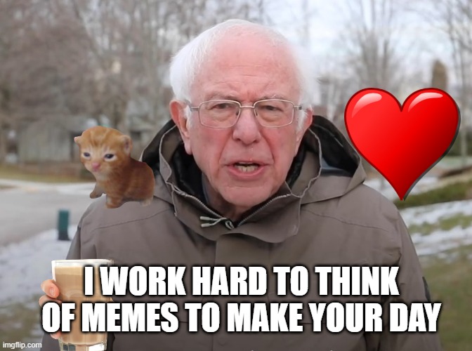 Bernie Sanders Once Again Asking | I WORK HARD TO THINK OF MEMES TO MAKE YOUR DAY | image tagged in bernie sanders once again asking | made w/ Imgflip meme maker