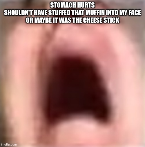 yet another guy screaming | STOMACH HURTS
SHOULDN'T HAVE STUFFED THAT MUFFIN INTO MY FACE
OR MAYBE IT WAS THE CHEESE STICK | image tagged in yet another guy screaming | made w/ Imgflip meme maker