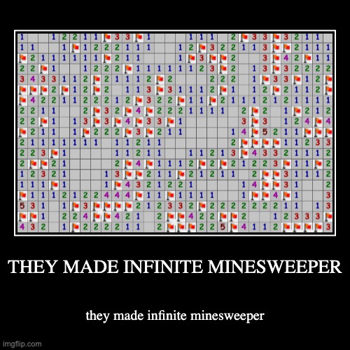 They made infinite Minesweeper | THEY MADE INFINITE MINESWEEPER | they made infinite minesweeper | image tagged in funny,demotivationals | made w/ Imgflip demotivational maker