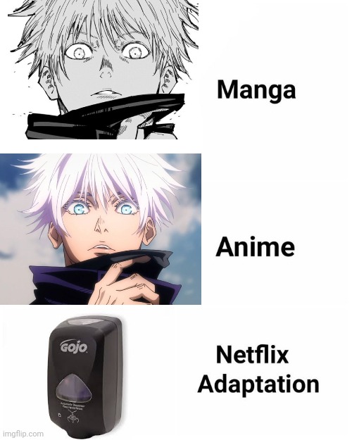 Manga, Anime, Netflix adaption | image tagged in manga anime netflix adaption,anime meme,anime,manga | made w/ Imgflip meme maker