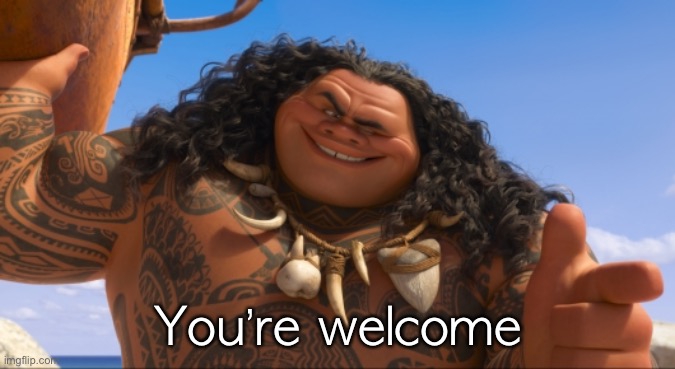 Maui - You're Welcome | You’re welcome | image tagged in maui - you're welcome | made w/ Imgflip meme maker