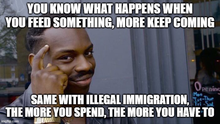 Roll Safe Think About It Meme | YOU KNOW WHAT HAPPENS WHEN YOU FEED SOMETHING, MORE KEEP COMING; SAME WITH ILLEGAL IMMIGRATION, THE MORE YOU SPEND, THE MORE YOU HAVE TO | image tagged in memes,roll safe think about it | made w/ Imgflip meme maker