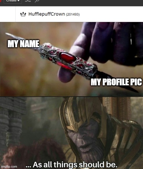 MY NAME; MY PROFILE PIC | image tagged in thanos perfectly balanced meme template | made w/ Imgflip meme maker