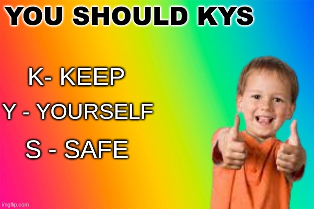 YOU SHOULD KYS; K- KEEP; Y - YOURSELF; S - SAFE | image tagged in wholesome,kys,memes,funny | made w/ Imgflip meme maker