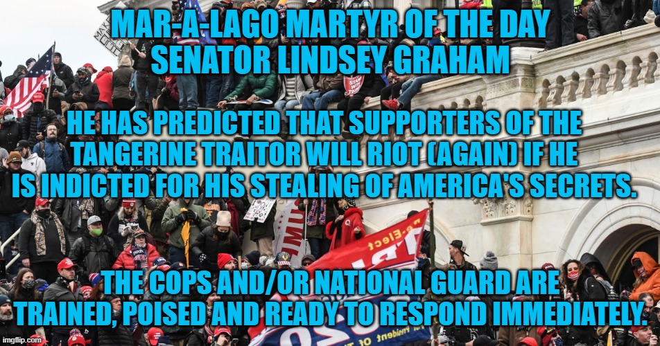 No "Three Hour Delays," this time.  Stay home. That loser's not worth the trouble. | MAR-A-LAGO MARTYR OF THE DAY
SENATOR LINDSEY GRAHAM; HE HAS PREDICTED THAT SUPPORTERS OF THE TANGERINE TRAITOR WILL RIOT (AGAIN) IF HE IS INDICTED FOR HIS STEALING OF AMERICA'S SECRETS. THE COPS AND/OR NATIONAL GUARD ARE TRAINED, POISED AND READY TO RESPOND IMMEDIATELY. | image tagged in politics | made w/ Imgflip meme maker
