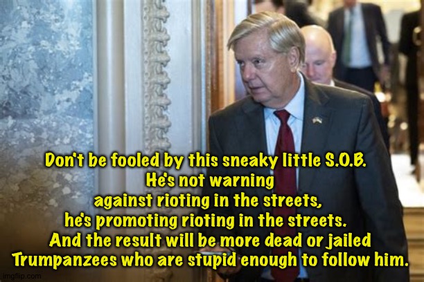 Don't listen to Lindsey. | Don't be fooled by this sneaky little S.O.B.  
He's not warning against rioting in the streets, 
he's promoting rioting in the streets.  
And the result will be more dead or jailed Trumpanzees who are stupid enough to follow him. | image tagged in lindsey graham | made w/ Imgflip meme maker