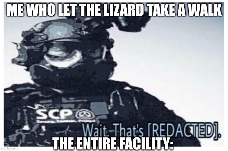 MTF [REDACTED] | ME WHO LET THE LIZARD TAKE A WALK; THE ENTIRE FACILITY: | image tagged in mtf redacted | made w/ Imgflip meme maker