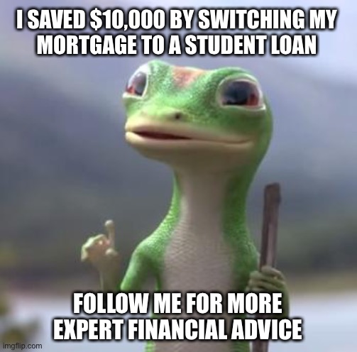 Follow me for more expert advice | I SAVED $10,000 BY SWITCHING MY 
MORTGAGE TO A STUDENT LOAN; FOLLOW ME FOR MORE 
EXPERT FINANCIAL ADVICE | image tagged in geico gecko | made w/ Imgflip meme maker
