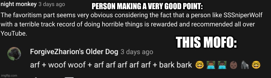 PERSON MAKING A VERY GOOD POINT:; THIS MOFO: | made w/ Imgflip meme maker