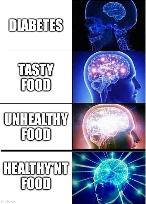 oh no | DIABETES; TASTY FOOD; UNHEALTHY FOOD; HEALTHY'NT FOOD | image tagged in memes,expanding brain | made w/ Imgflip meme maker