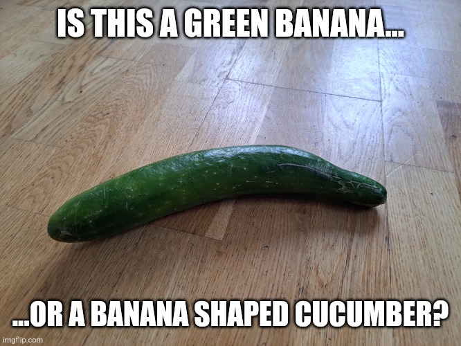 IS THIS A GREEN BANANA... ...OR A BANANA SHAPED CUCUMBER? | image tagged in banana | made w/ Imgflip meme maker