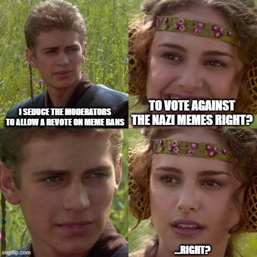 Anakin Padme 4 Panel | I SEDUCE THE MODERATORS TO ALLOW A REVOTE ON MEME BANS; TO VOTE AGAINST THE NAZI MEMES RIGHT? ...RIGHT? | image tagged in anakin padme 4 panel | made w/ Imgflip meme maker