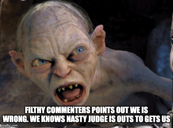 Gollum lord of the rings | FILTHY COMMENTERS POINTS OUT WE IS WRONG. WE KNOWS NASTY JUDGE IS OUTS TO GETS US | image tagged in gollum lord of the rings | made w/ Imgflip meme maker