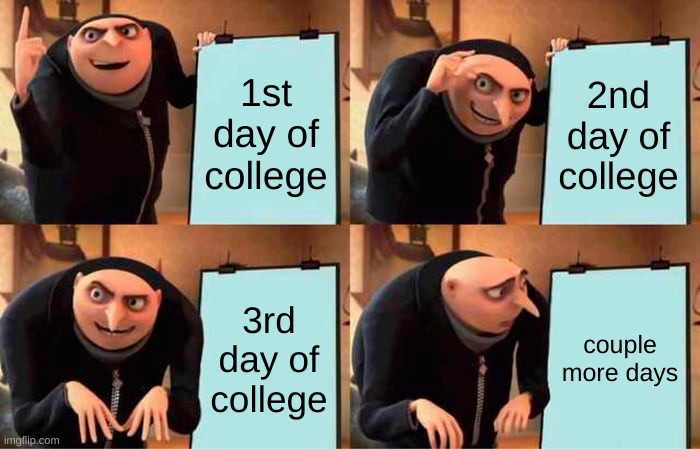 Introduction | 1st day of college; 2nd day of college; 3rd day of college; couple more days | image tagged in memes,gru's plan | made w/ Imgflip meme maker