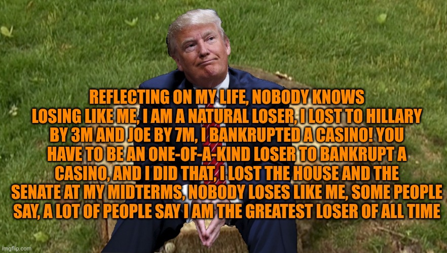 Loser that lost to crooked Hillary and sleepy Joe | REFLECTING ON MY LIFE, NOBODY KNOWS LOSING LIKE ME, I AM A NATURAL LOSER, I LOST TO HILLARY BY 3M AND JOE BY 7M, I BANKRUPTED A CASINO! YOU HAVE TO BE AN ONE-OF-A-KIND LOSER TO BANKRUPT A CASINO, AND I DID THAT, I LOST THE HOUSE AND THE SENATE AT MY MIDTERMS, NOBODY LOSES LIKE ME, SOME PEOPLE SAY, A LOT OF PEOPLE SAY I AM THE GREATEST LOSER OF ALL TIME | image tagged in trump on a stump | made w/ Imgflip meme maker